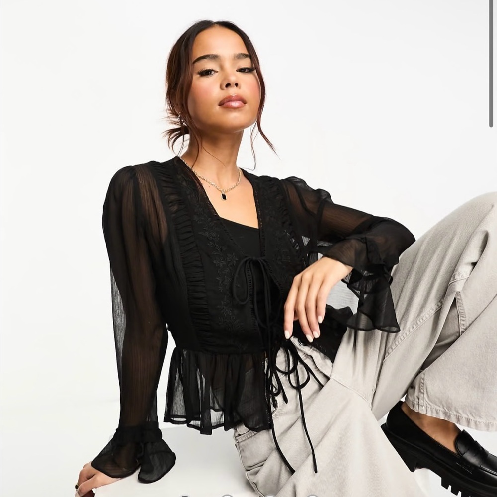 Miss Selfridge chiffon embroidered tie front blouse in black